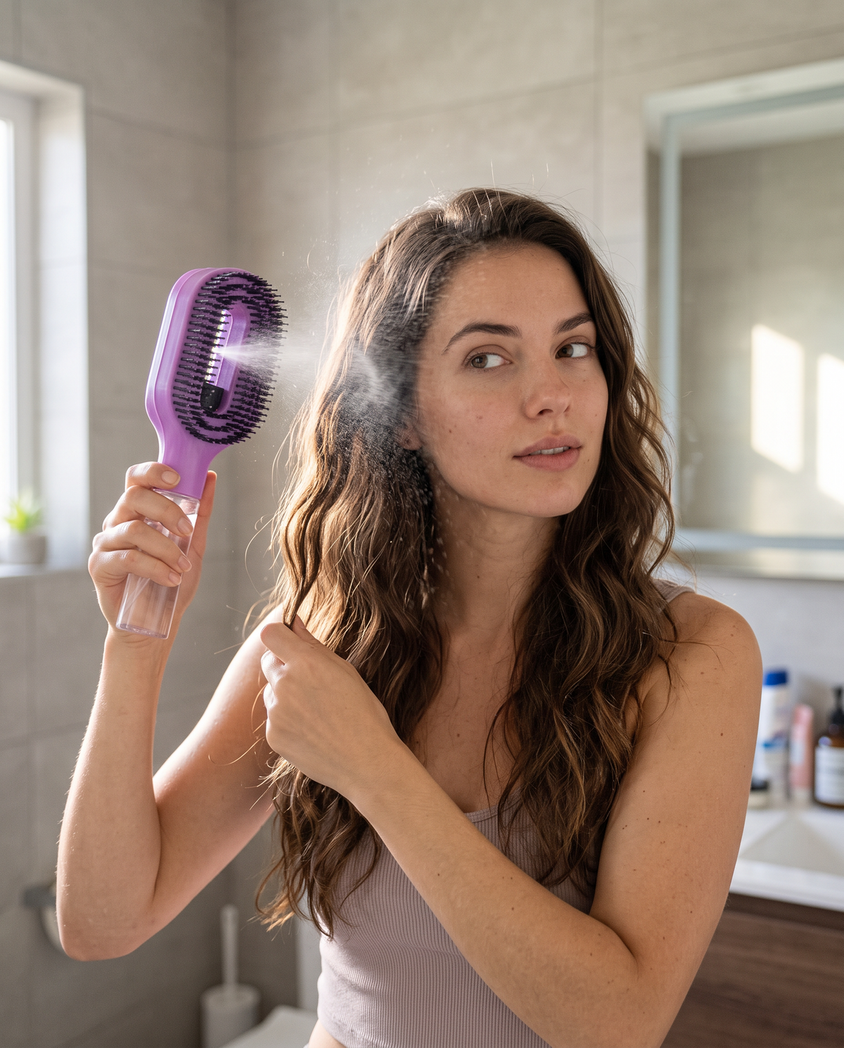 Woman misting and brushing her hair with the purple SprayEasy brush