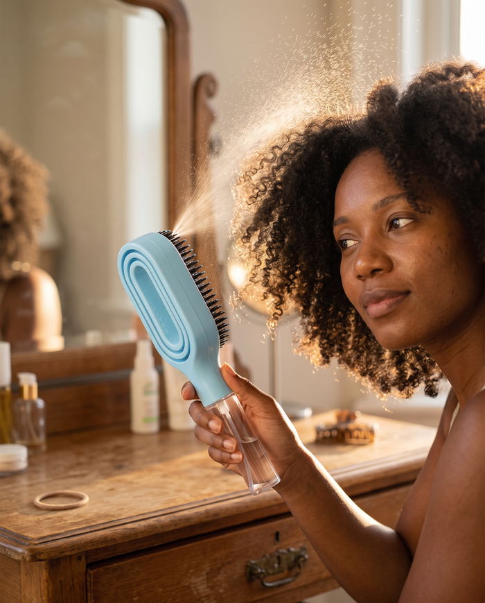 Woman with natural coily hair using the light blue SprayEasy brush