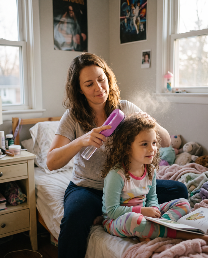 Mom gently detangling her daughter's curly hair with the pink SprayEasy brush